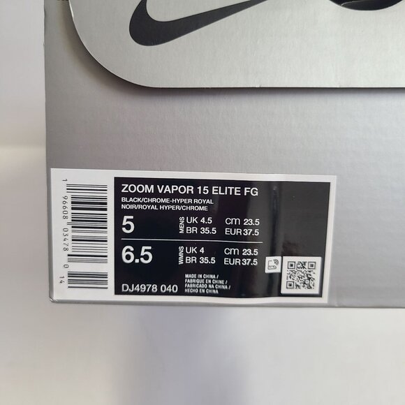 Nike Zoom Mercurial Vapor 15 Elite FG Soccer Cleats DJ4978-040 Size 5 Black